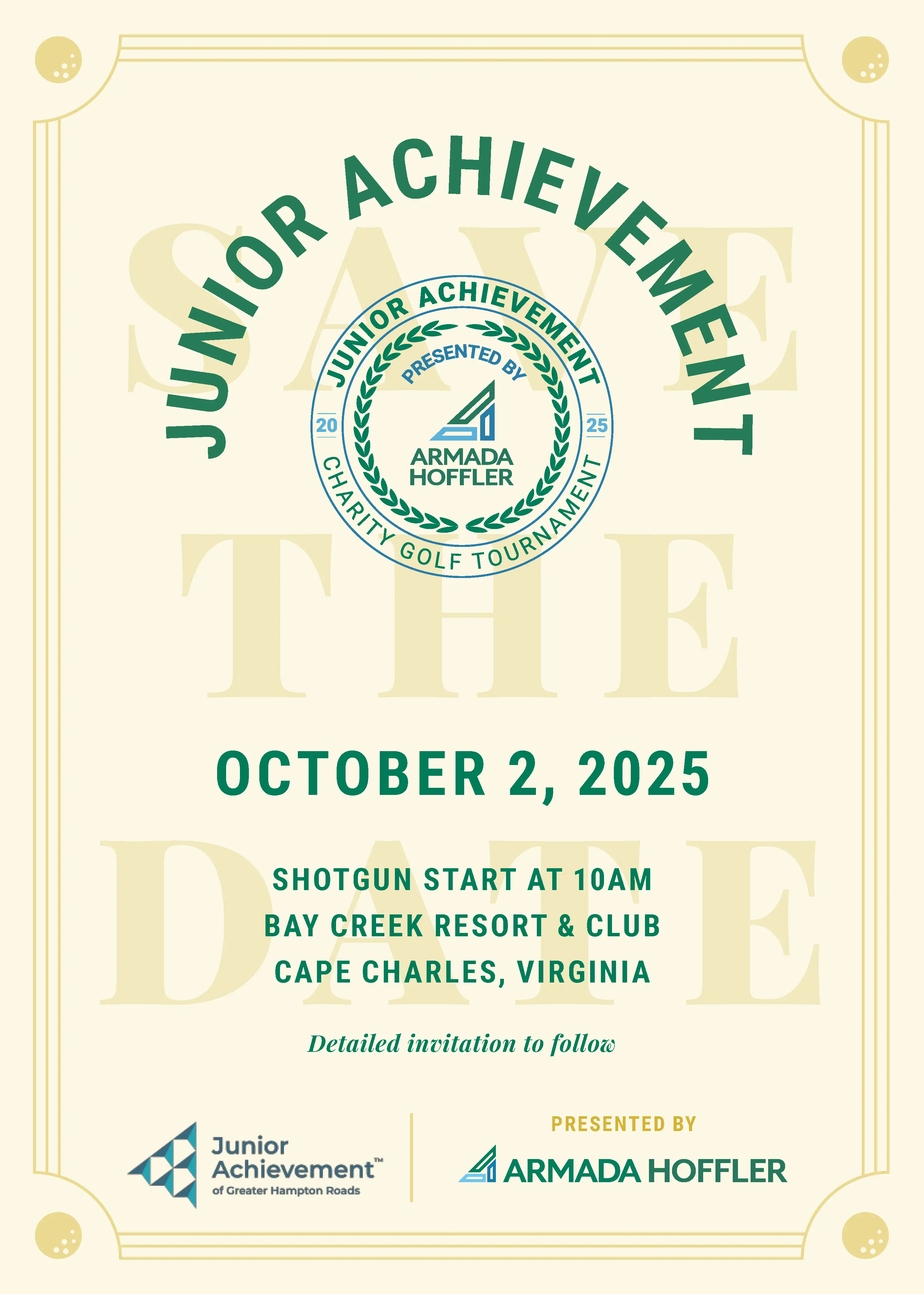 Green and Yellow Flier Announcing Junior Achievement of Greater Hampton Roads' Annual Charity Golf Tournament Hosted by Armada Hoffler.